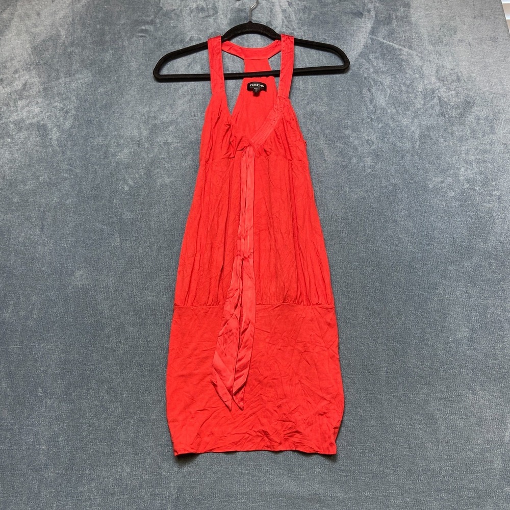Bebe Tank Dress Women's XS Red Stretch Pleated Deep V-Neck Tie Detail Outdoor